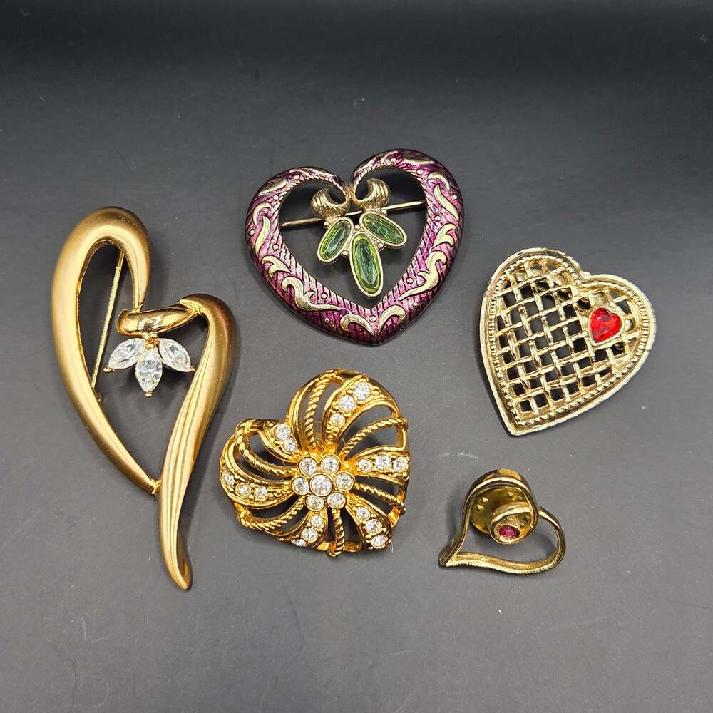 5 Heart Pins.... One signed Avon.